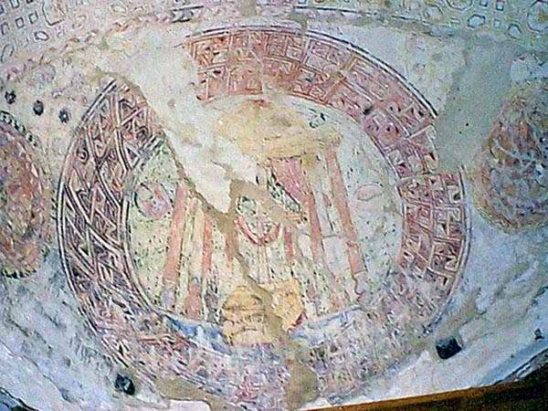 Domed ceiling fresco with faded architectural motif and geometric patterned border, soft pink and cream tones, ancient mood
