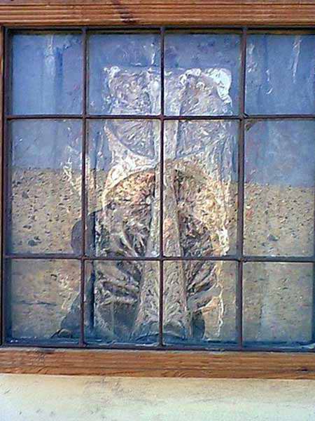 Close-up of a paned window with textured glass showing a blurred figure behind it, muted blue and brown tones, quiet mood